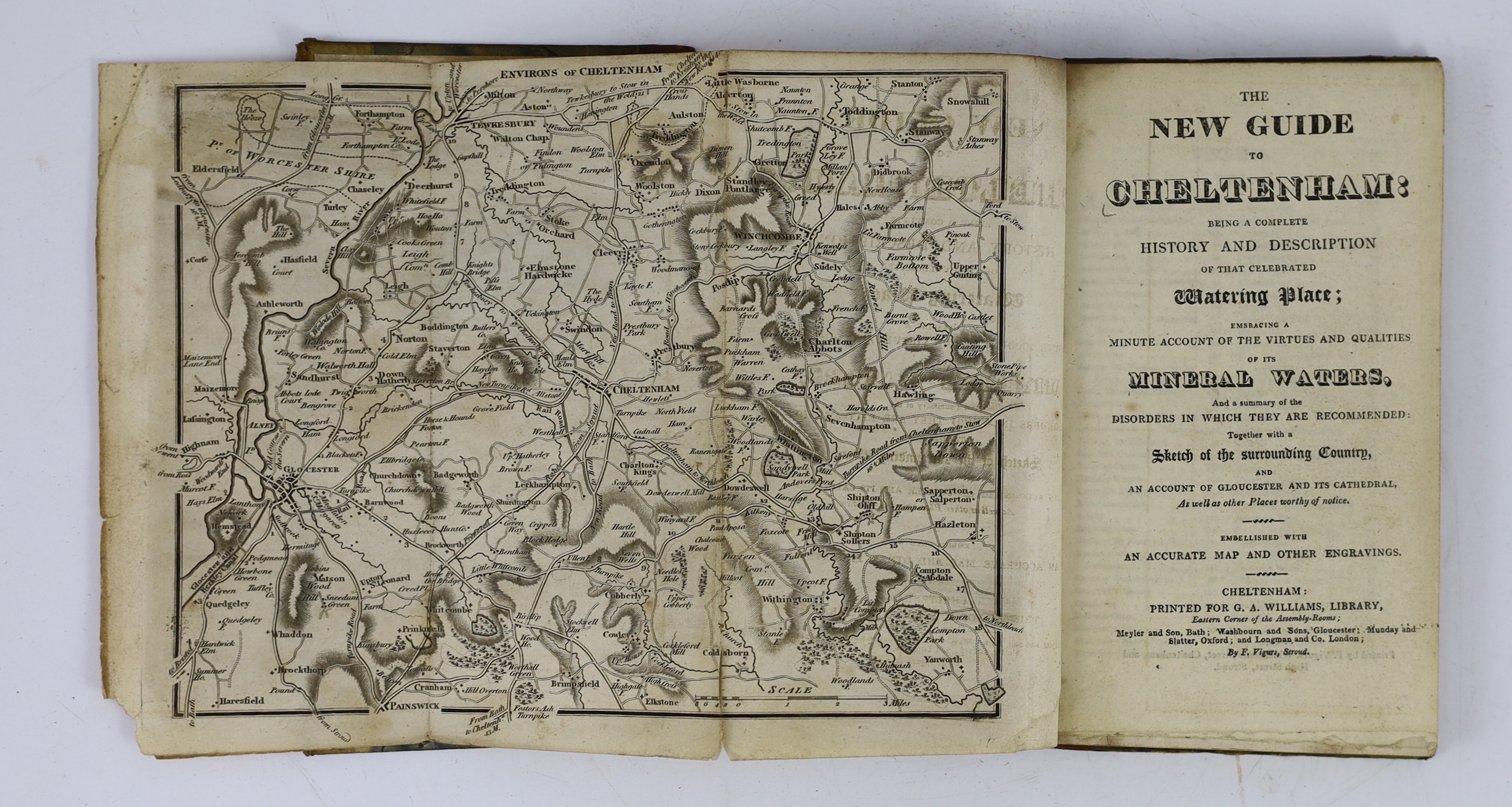 GLOUCS: The New Guide to Cheltenham...the Virtues and Qualities of its Mineral Waters...together with a Sketch of the Surrounding Country... folded map and 4 plates (2 folded); contemp. half calf and marbled boards, 12mo